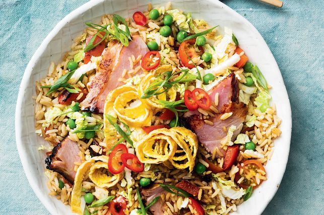 Fried rice with glazed ham and vegetables recipe